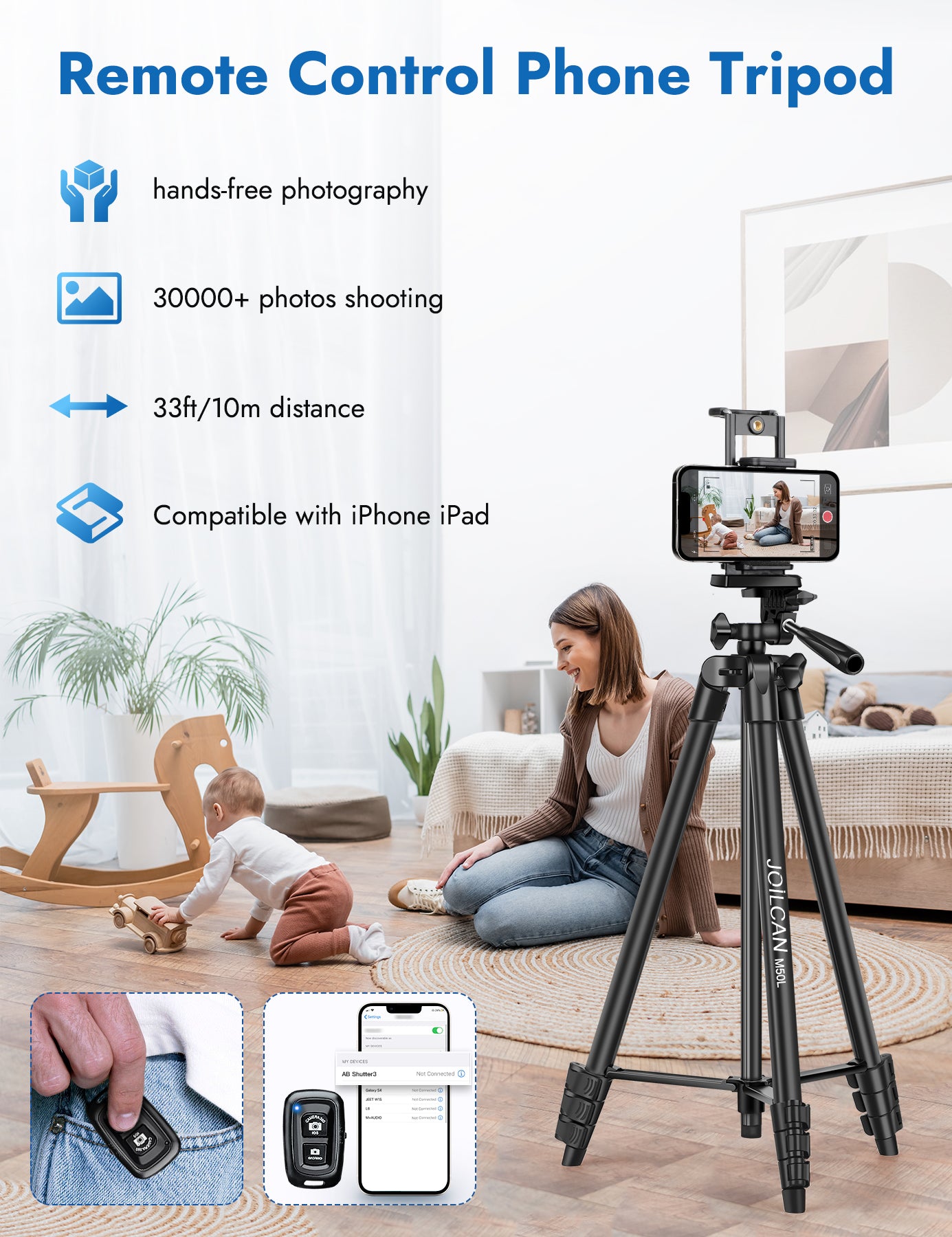 JOILCAN 67" Tripods Camera Tripod, Phone Tablet Tripod for Video Recording Vlog Photo with Remote Carry Bag, Aluminum Lightweight Travel Tripods(US)