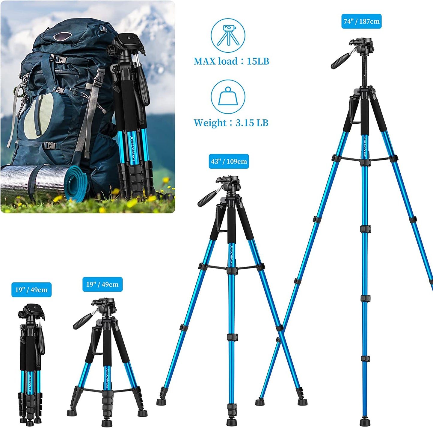 Tripod Camera Tripods, 74" Tripod for Camera Cell Phone Video Photography, Heavy Duty Tall Camera Stand Tripod, Professional Travel DSLR Tripods Compatible with Canon Nikon iPhone, Max Load 15 LB(USA)