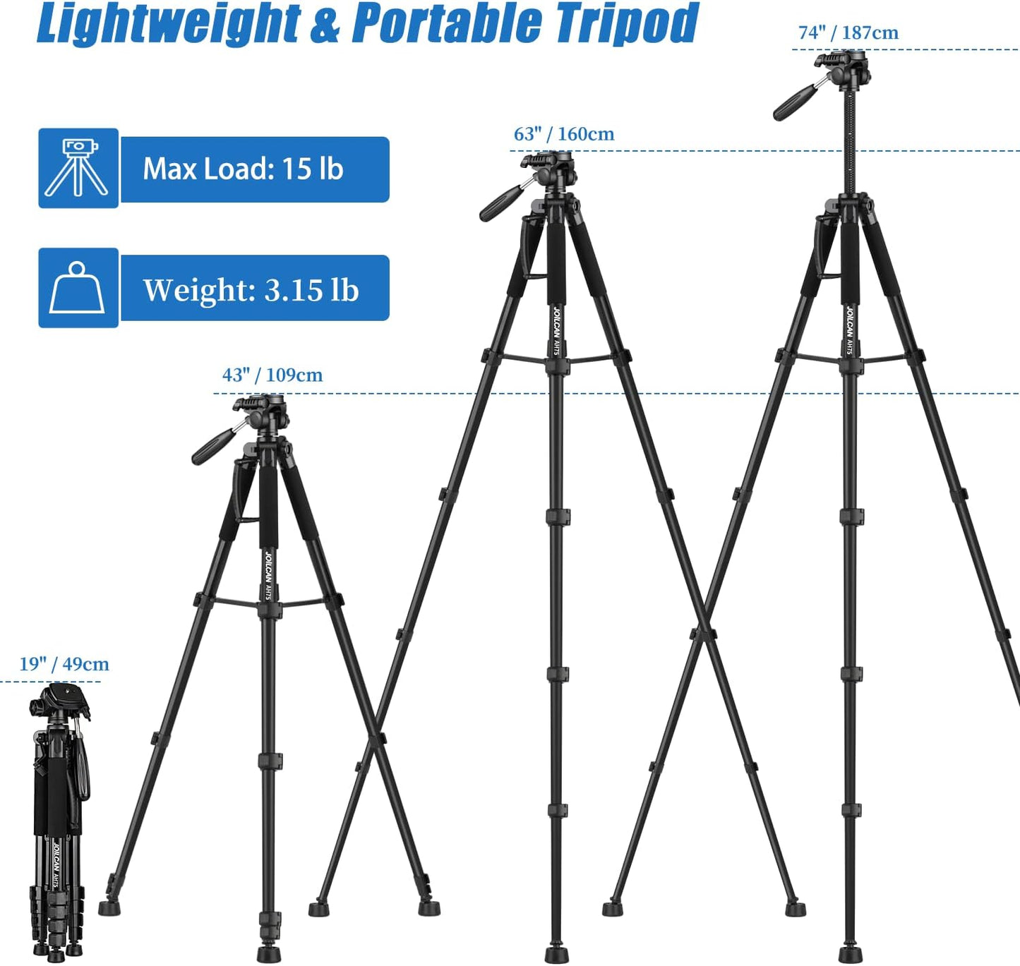 Tripod Camera Tripods, 74" Tripod for Camera Cell Phone Video Photography, Heavy Duty Tall Camera Stand Tripod, Professional Travel DSLR Tripods Compatible with Canon Nikon iPhone, Max Load 15 LB(USA)