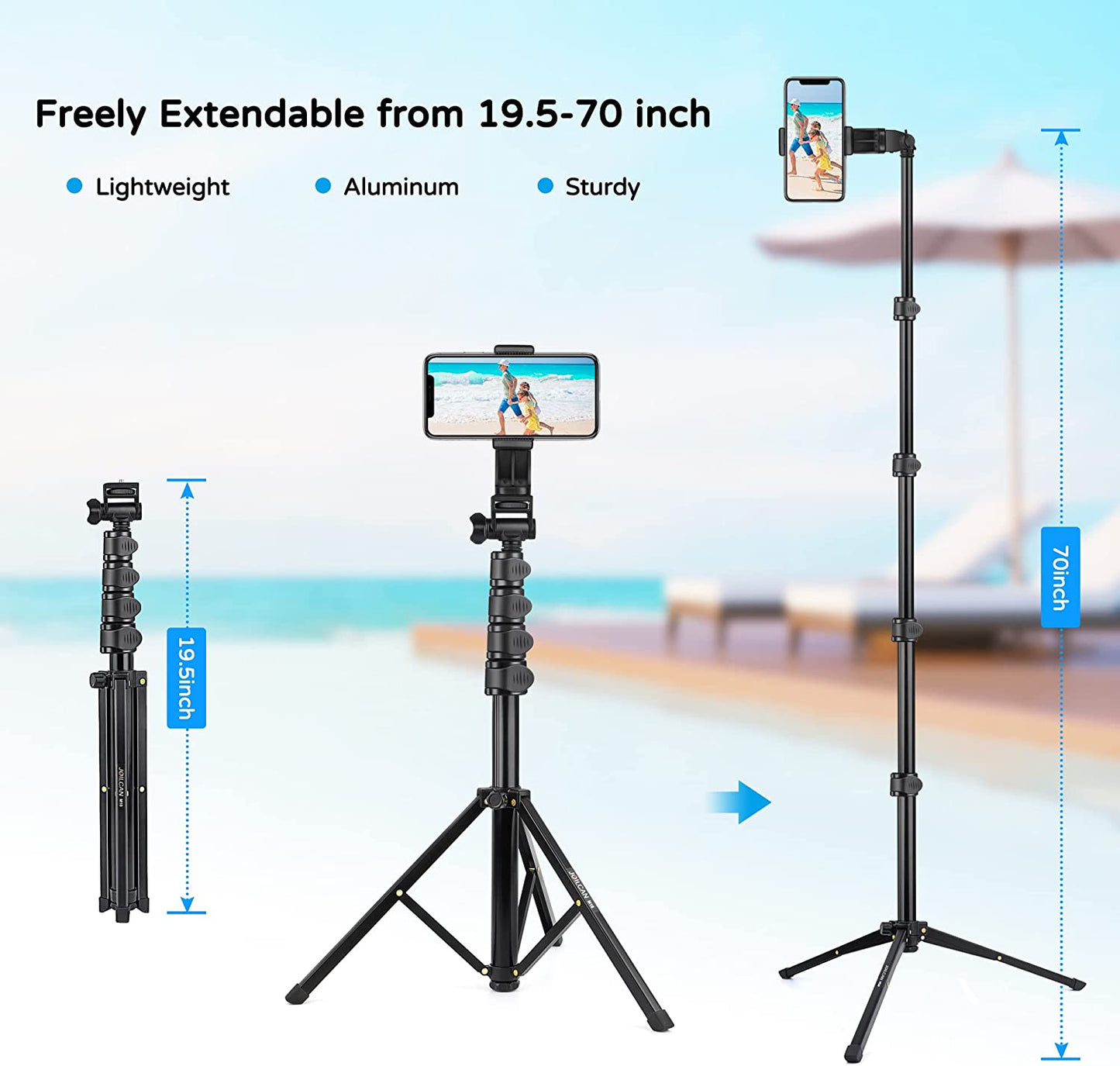 JOILCAN Phone Tripod, 70" Extendable Selfie Stick Tripod for iPhone with Wireless Remote Shutter, Lightweight Portable Camera Tripod with Phone Holder, Compatible with iOS/ Android/ Small Camera(EU)