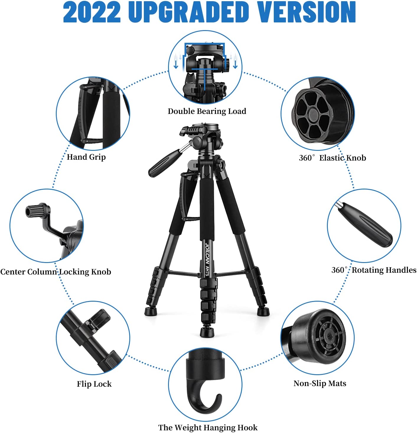 Tripod Camera Tripods, 74" Tripod for Camera Cell Phone Video Photography, Heavy Duty Tall Camera Stand Tripod, Professional Travel DSLR Tripods Compatible with Canon Nikon iPhone, Max Load 15 LB(USA)