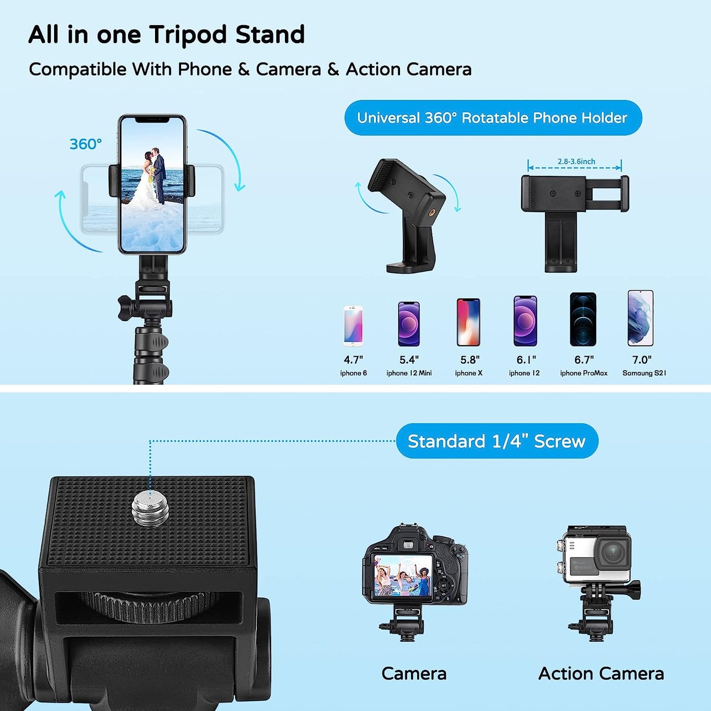 JOILCAN Phone Tripod, 70" Extendable Selfie Stick Tripod for iPhone with Wireless Remote Shutter, Lightweight Portable Camera Tripod with Phone Holder, Compatible with iOS/ Android/ Small Camera(EU)