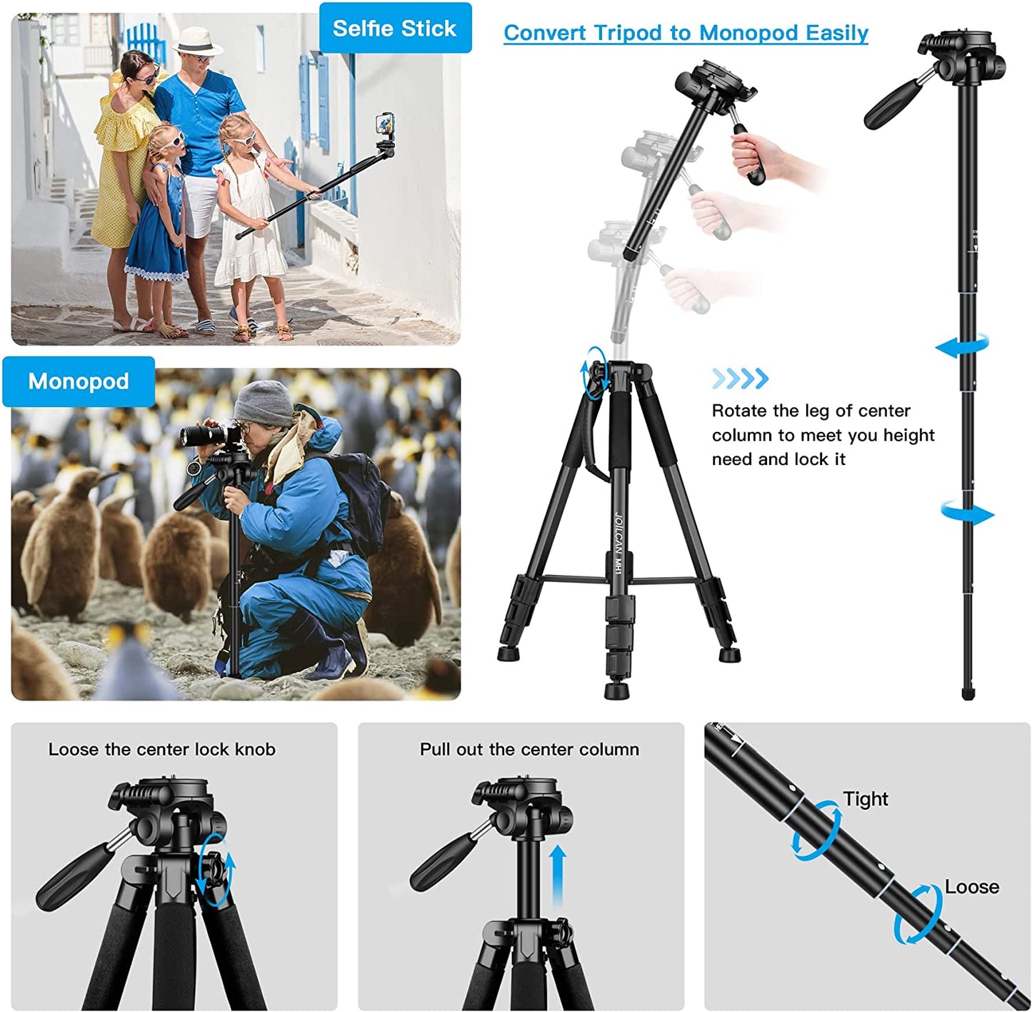 Camera Tripod, 72” Tripod for Camera Stand, Aluminum Heavy Duty Tripod for Video Photo, 5 in 1 Travel Camera Tripod & Monopod Compatible with Canon Nikon Cameras DSLR Camcorder Projector Phone(USA)