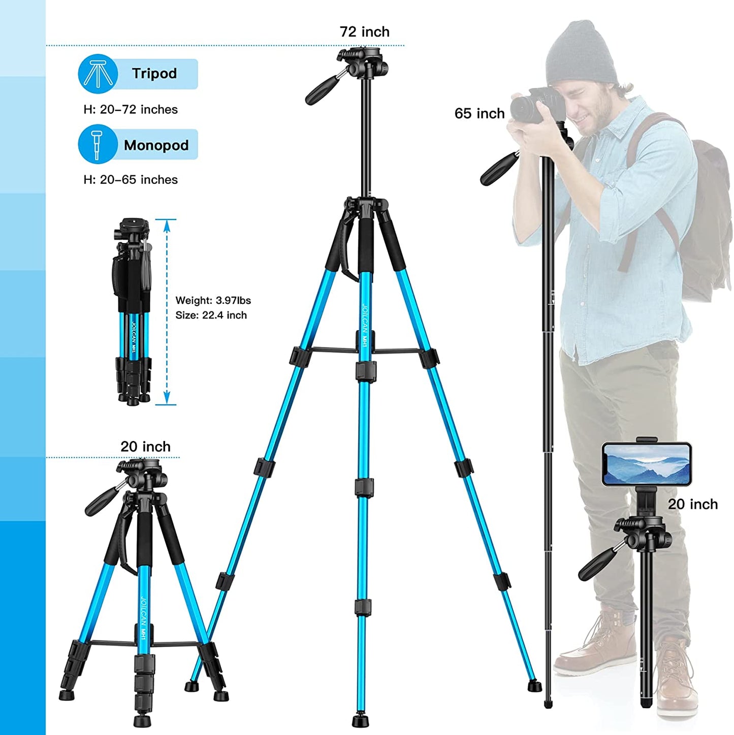 Camera Tripods & Monopods, Tripod for Camera Phone, 5 in 1 Aluminum Heavy Duty Camera Stand, Phone Tripod, Monopods, Selfie Stick, Trekking Poles, Compatible with Canon Nikon DSLR iPhone Camcorder(USA)