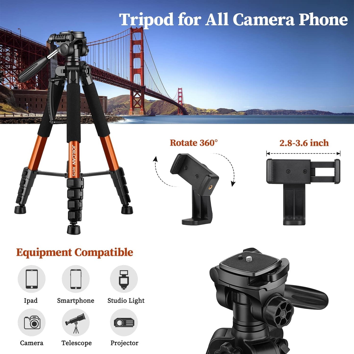 JOILCAN Tripod Camera Tripods, 74" Tripod for Camera Cell Phone Video Photography, Heavy Duty Tall Cameras Tripod Stand, Professional Travel DSLR Tripods Compatible with Canon iPhone, Max Load 15 LB （US）