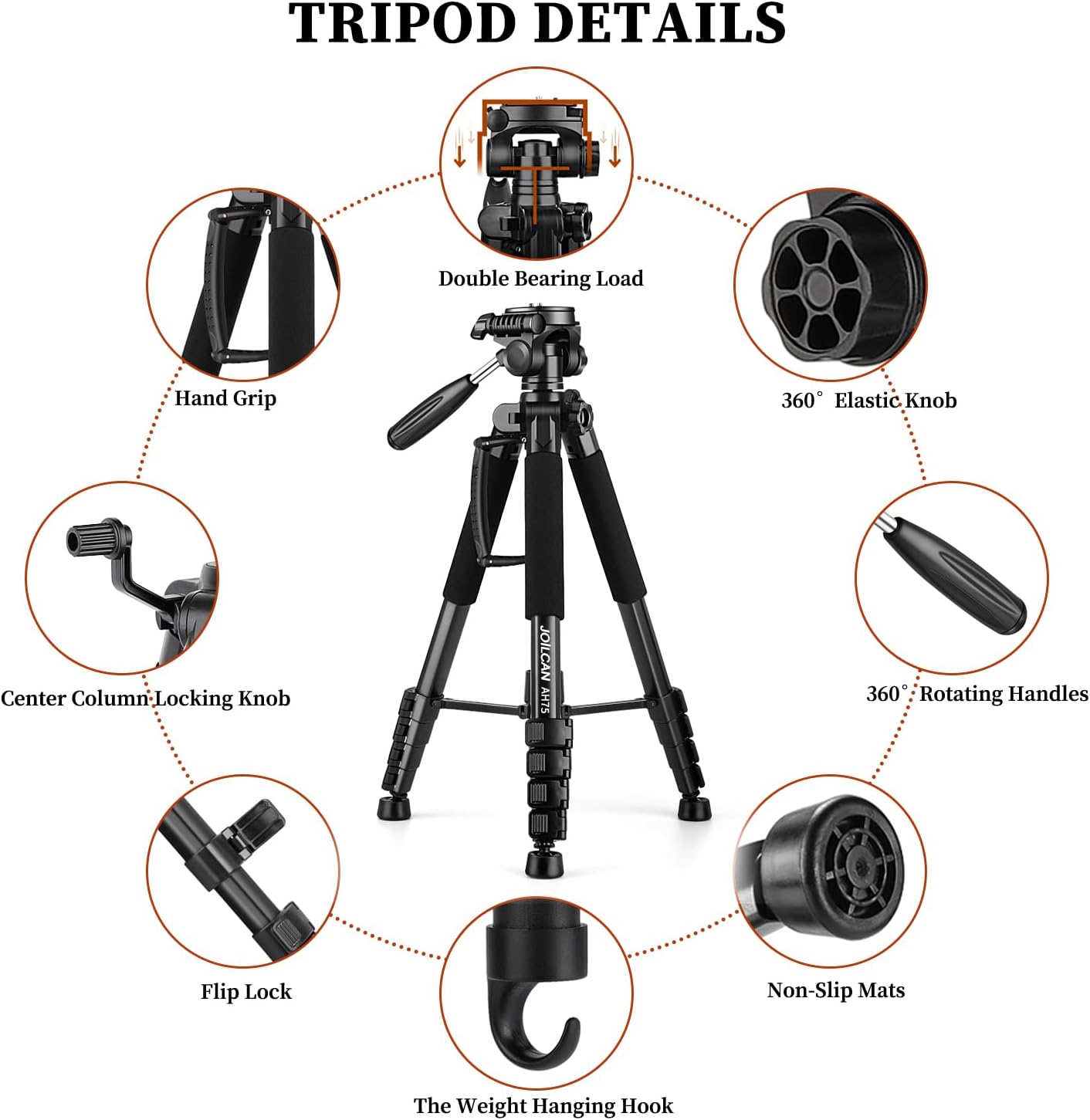 JOILCAN Tripod Camera Tripods, 74" Tripod for Camera Phone Video Recording, Heavy Duty Cameras Tripod Stand, Professional Travel DSLR Tripods Compatible with Canon iPhone, Max Load 15 LB (US))