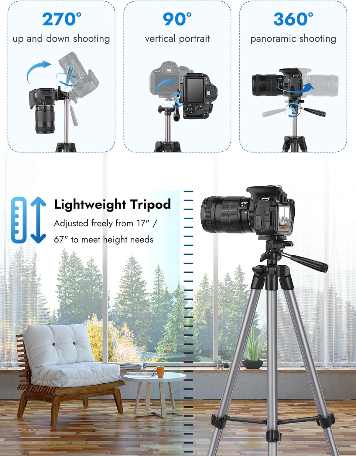 JOILCAN 67" Tripods Camera Tripod, Phone Tablet Tripod for Video Recording Vlog Photo with Remote Carry Bag, Aluminum Lightweight Travel Tripods(US)