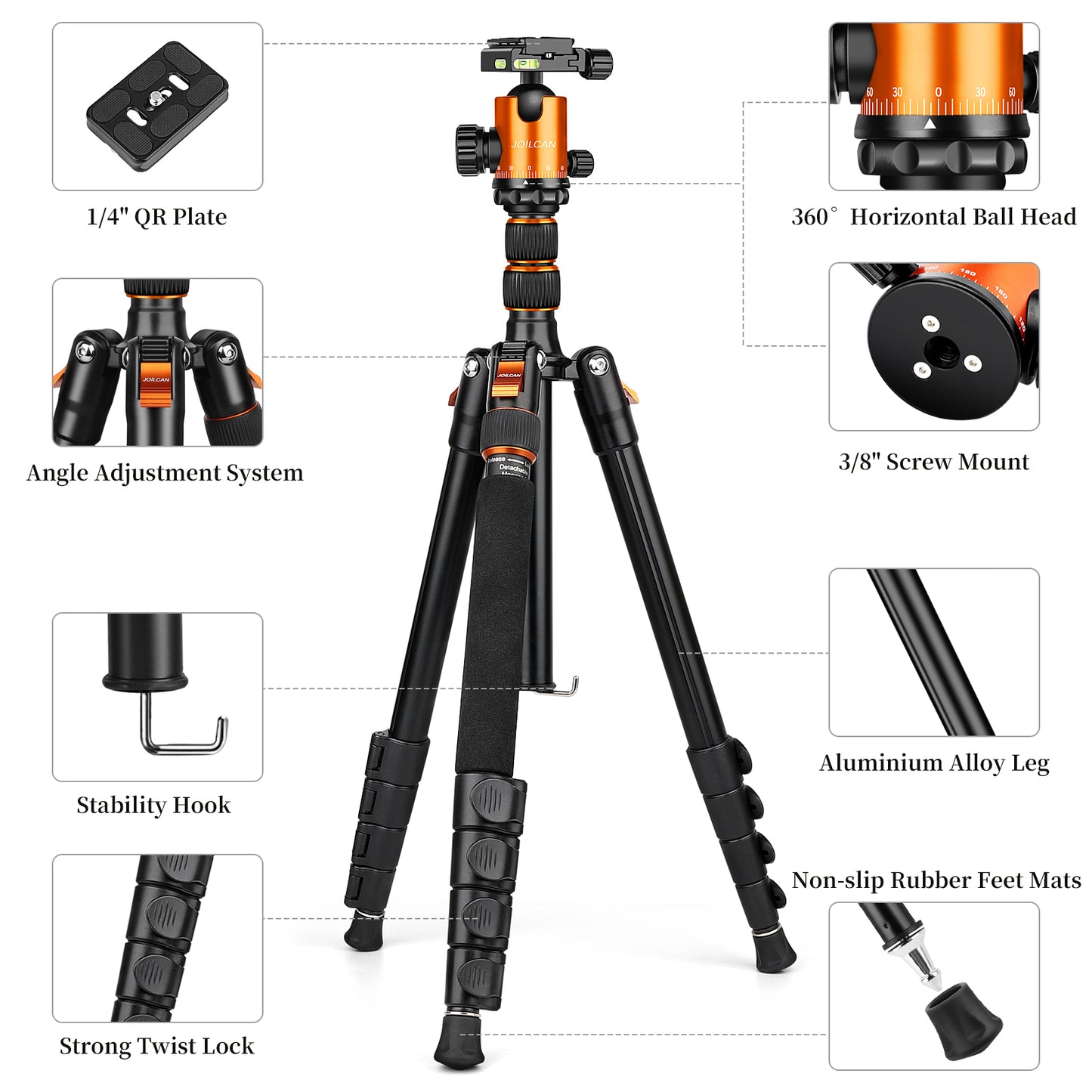 JOILCAN Camera Tripod, 80" Compact Aluminum Tripod Monopod with 360°Panorama Ball Head, Lightweight Travel Tripod with Phone Holder and carrying bag, Max Load 22lbs(EU)