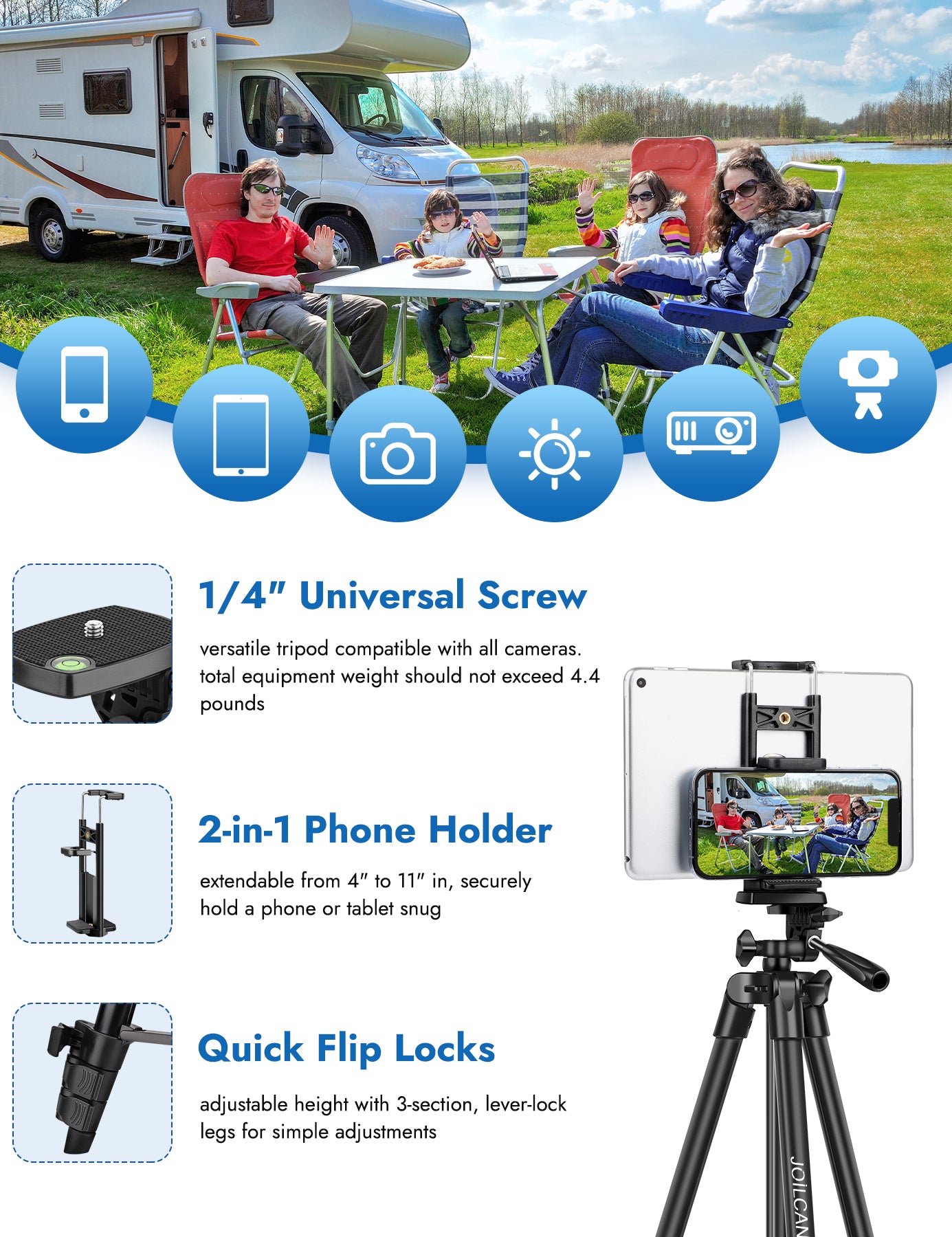 JOILCAN 67" Tripods Camera Tripod, Phone Tablet Tripod for Video Recording Vlog Photo with Remote Carry Bag, Aluminum Lightweight Travel Tripods(US)