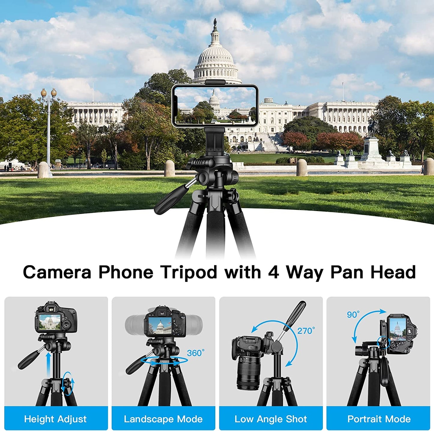 Camera Tripods & Monopods, Tripod for Camera Phone, 5 in 1 Aluminum Heavy Duty Camera Stand, Phone Tripod, Monopods, Selfie Stick, Trekking Poles, Compatible with Canon Nikon DSLR iPhone Camcorder(USA)