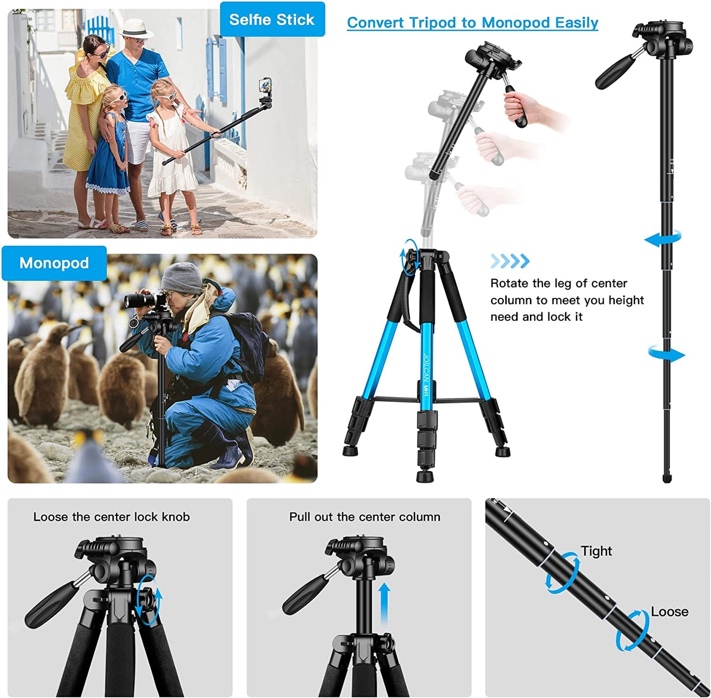 Camera Tripods & Monopods, Tripod for Camera Phone, 5 in 1 Aluminum Heavy Duty Camera Stand, Phone Tripod, Monopods, Selfie Stick, Trekking Poles, Compatible with Canon Nikon DSLR iPhone Camcorder(USA)