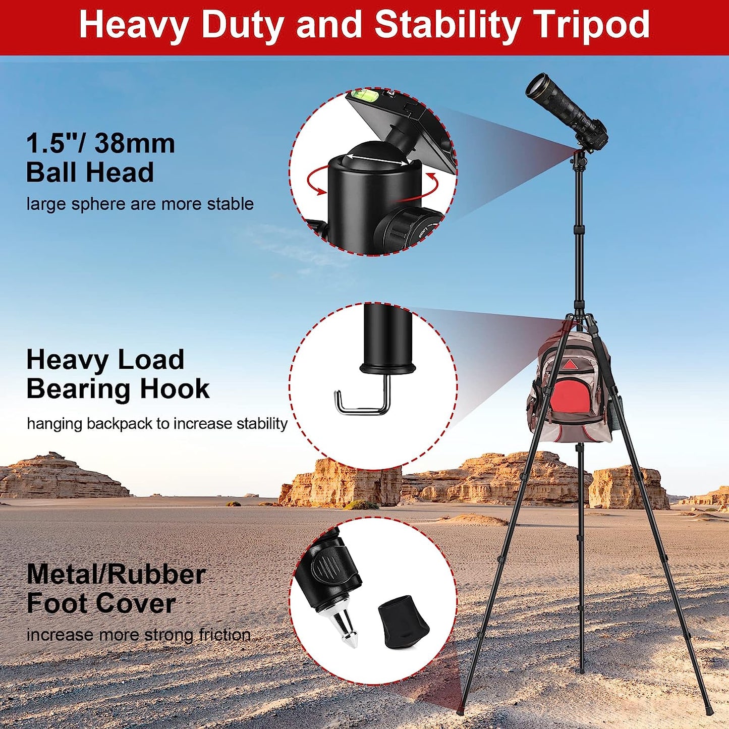 Tripod for Camera, 81" Camera Tripod Stand, 83 inches DSLR Tripods & Monopods, Heavy Duty Travel Tripod for Binoculars Laser Level Spotting Scope Telescope, Professional Complete Tripod Units(USA)