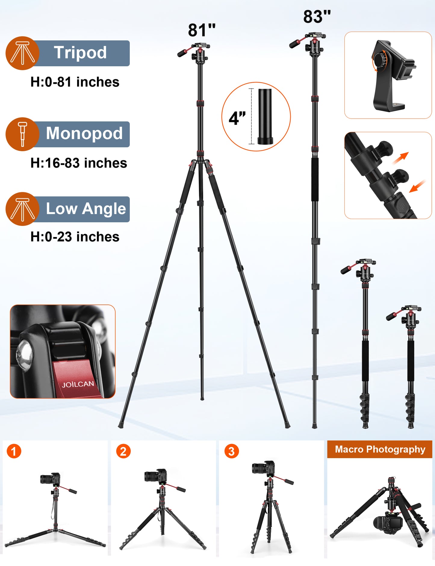 JOILCAN Camera Tripod, 83" Heavy Duty Aluminum Tripod for DSLR/Camera/Smartphone - with Handle, Converts to Monopod, Holds 35lbs(US