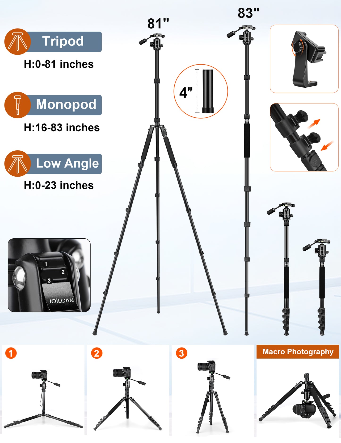 JOILCAN Camera Tripod, 83" Aluminum Tripods & Monopods with Metal Handle, Heavy Duty Tripod for DSLR Camera Lasers Binoculars Telescope Spotting Scope, Payload 35Lb(US)