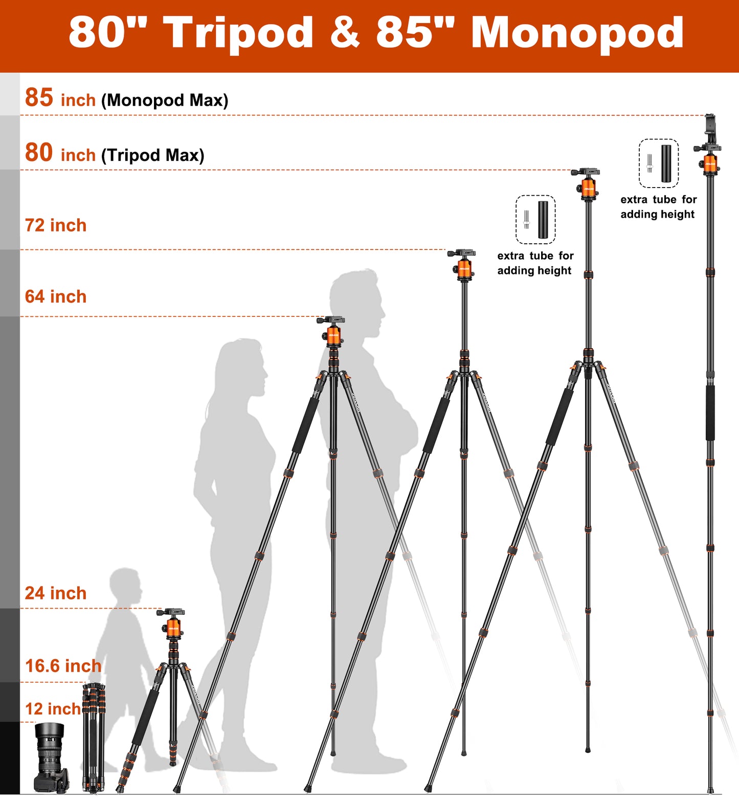 80/85 inches Heavy Duty Tripod for Camera and Phone, 85" Camera Monopod Tripods, DSLR Binoculars Spotting Scope Camcorders Video Tripod Stand, 360 Degree Ball Head, 35 lbs Loads(US)