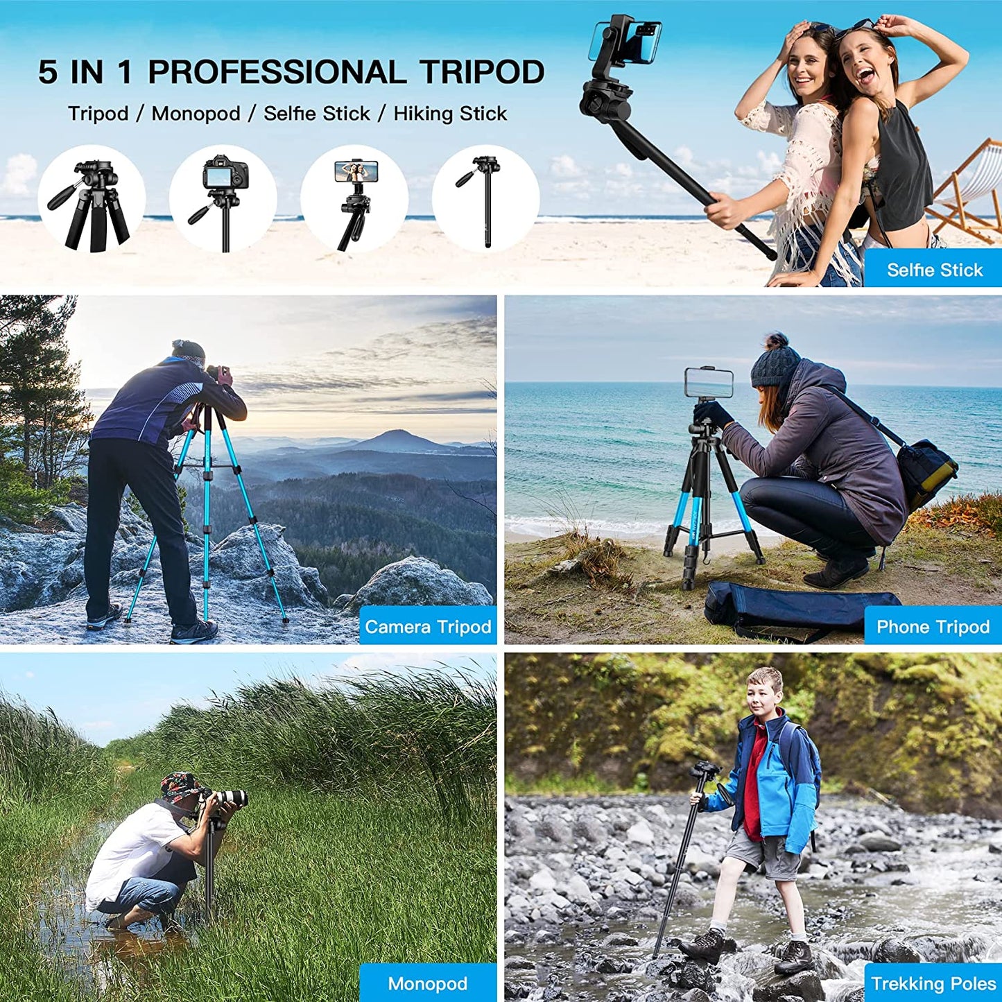 Camera Tripods & Monopods, Tripod for Camera Phone, 5 in 1 Aluminum Heavy Duty Camera Stand, Phone Tripod, Monopods, Selfie Stick, Trekking Poles, Compatible with Canon Nikon DSLR iPhone Camcorder(USA)