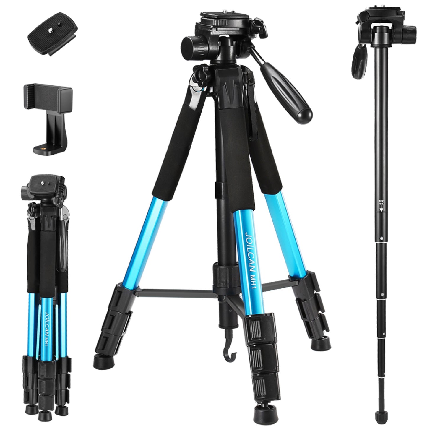 72-Inch Camera/Phone Tripod, Aluminum Tripod Travel Monopod Full Size for DSLR with 2 Quick Release Plates,Universal Phone Mount and Convenient Carrying Case Ideal for Travel and Work - MH1 Blue