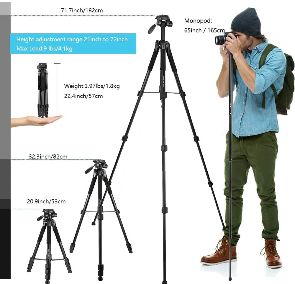 72-Inch Camera/Phone Tripod, Aluminum Tripod Travel Monopod Full Size for DSLR with 2 Quick Release Plates,Universal Phone Mount and Convenient Carrying Case Ideal for Travel and Work - MH1 Black