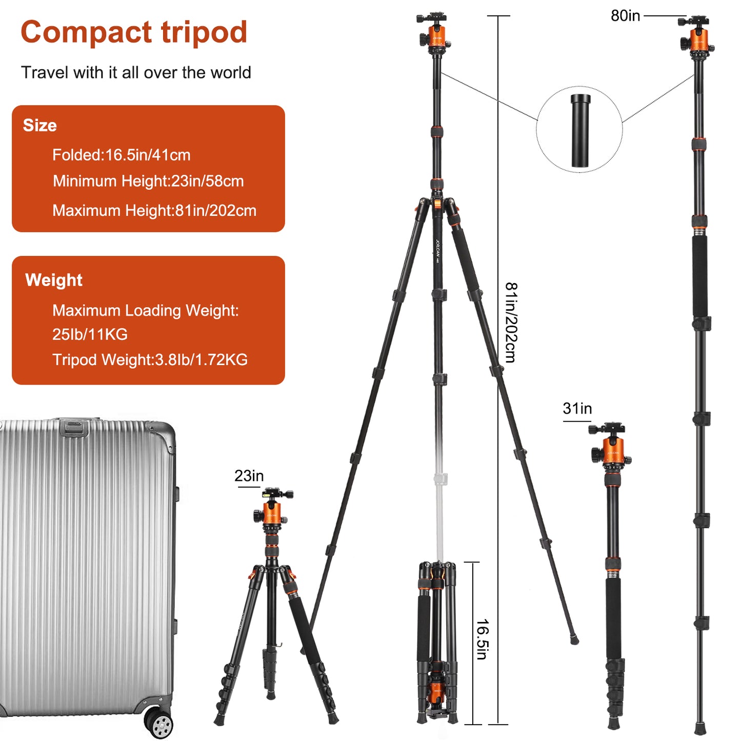 JOILCAN 81’’ Tripod, Aluminum Camera Tripod for DSLR, Compact Tripod Monopod with 2 Quick Release Plates, 16.5’’ When Folded, 25 lbs Loads - Orange