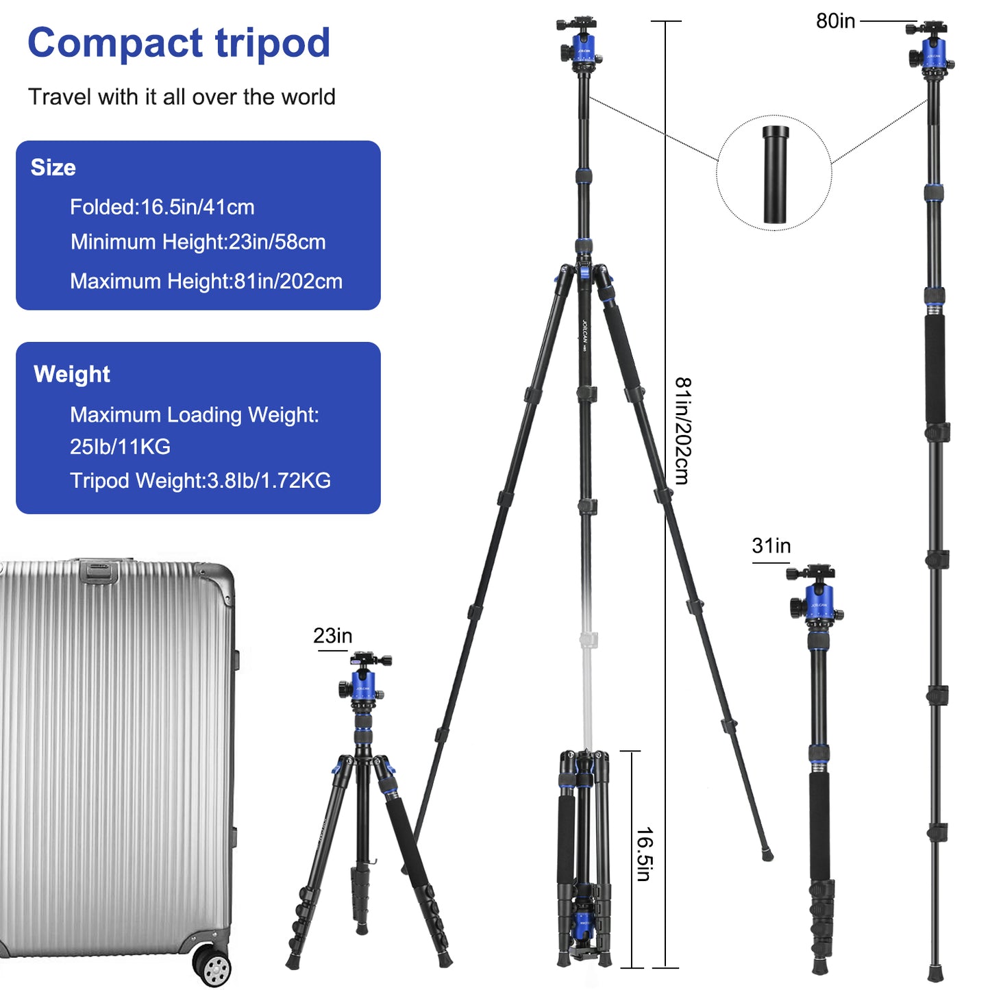 JOILCAN 81’’ Tripod, Aluminum Camera Tripod for DSLR, Compact Tripod Monopod with 2 Quick Release Plates, 16.5’’ When Folded, 25 lbs Loads - Blue