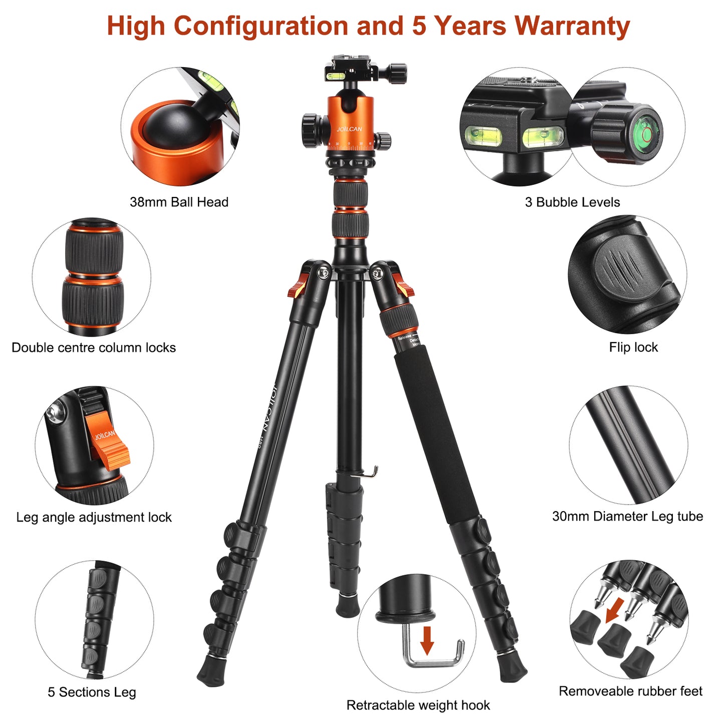 JOILCAN 81’’ Tripod, Aluminum Camera Tripod for DSLR, Compact Tripod Monopod with 2 Quick Release Plates, 16.5’’ When Folded, 25 lbs Loads - Orange