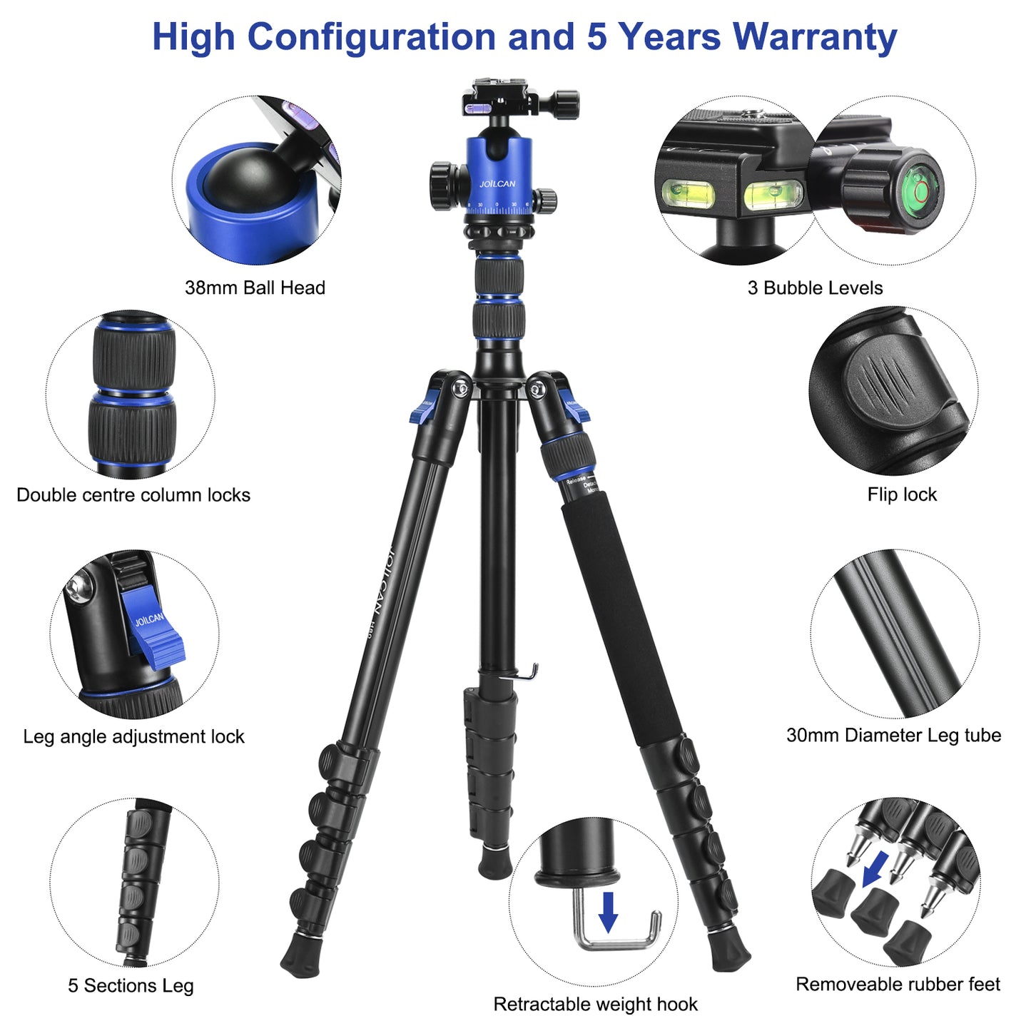 JOILCAN 81’’ Tripod, Aluminum Camera Tripod for DSLR, Compact Tripod Monopod with 2 Quick Release Plates, 16.5’’ When Folded, 25 lbs Loads - Blue
