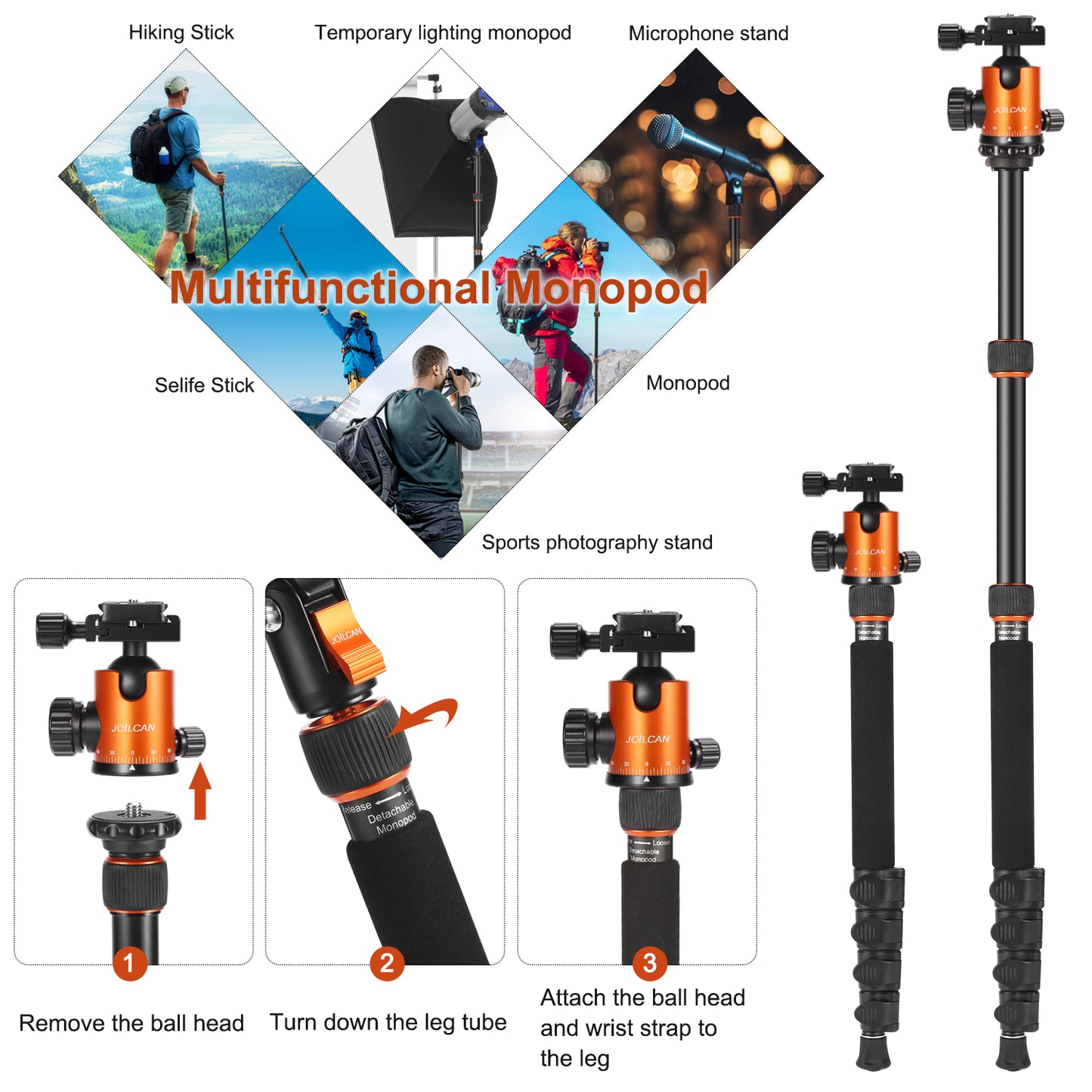 JOILCAN 81’’ Tripod, Aluminum Camera Tripod for DSLR, Compact Tripod Monopod with 2 Quick Release Plates, 16.5’’ When Folded, 25 lbs Loads - Orange