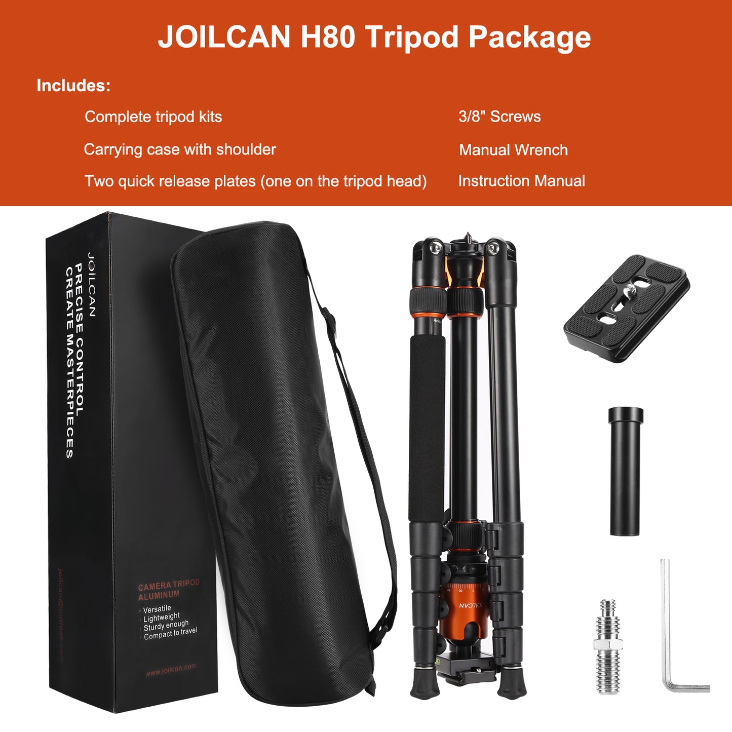 JOILCAN 81’’ Tripod, Aluminum Camera Tripod for DSLR, Compact Tripod Monopod with 2 Quick Release Plates, 16.5’’ When Folded, 25 lbs Loads - Orange