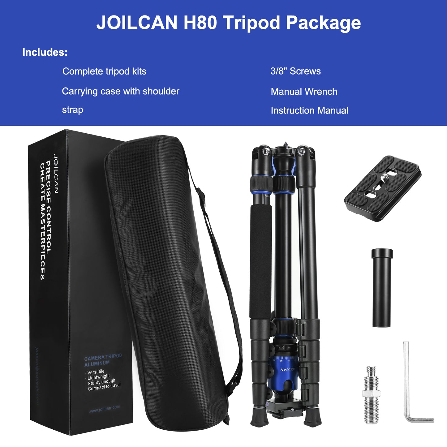 JOILCAN 81’’ Tripod, Aluminum Camera Tripod for DSLR, Compact Tripod Monopod with 2 Quick Release Plates, 16.5’’ When Folded, 25 lbs Loads - Blue